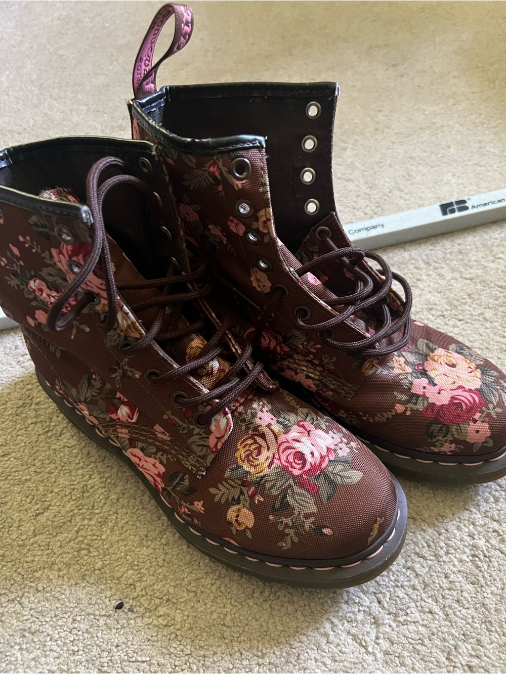 Dr. Martens Floral Lace-Up Ankle Boots in Brown and Pink Canvas, worn once